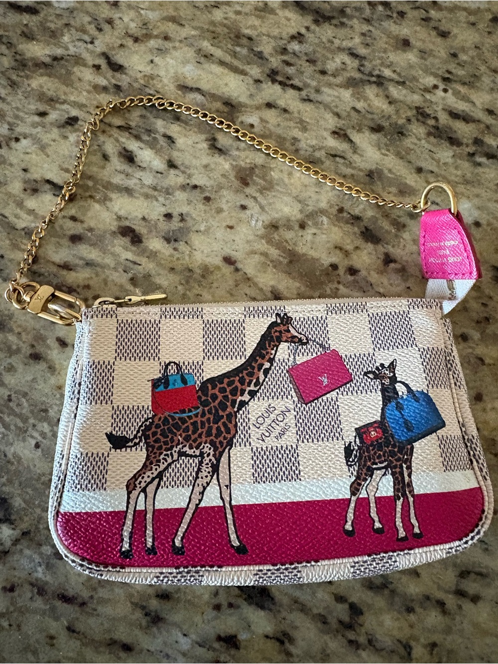 Louis Vuitton Pink Accent Damier Wristlet with Giraffe Print - mini pouchette